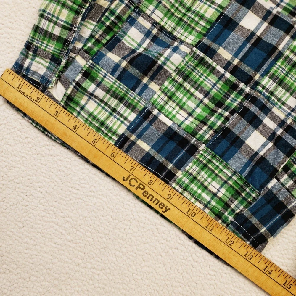 Plugg Cargo Shorts Mens 40 Green Blue Patchwork Plaid Madras Cotton Casual